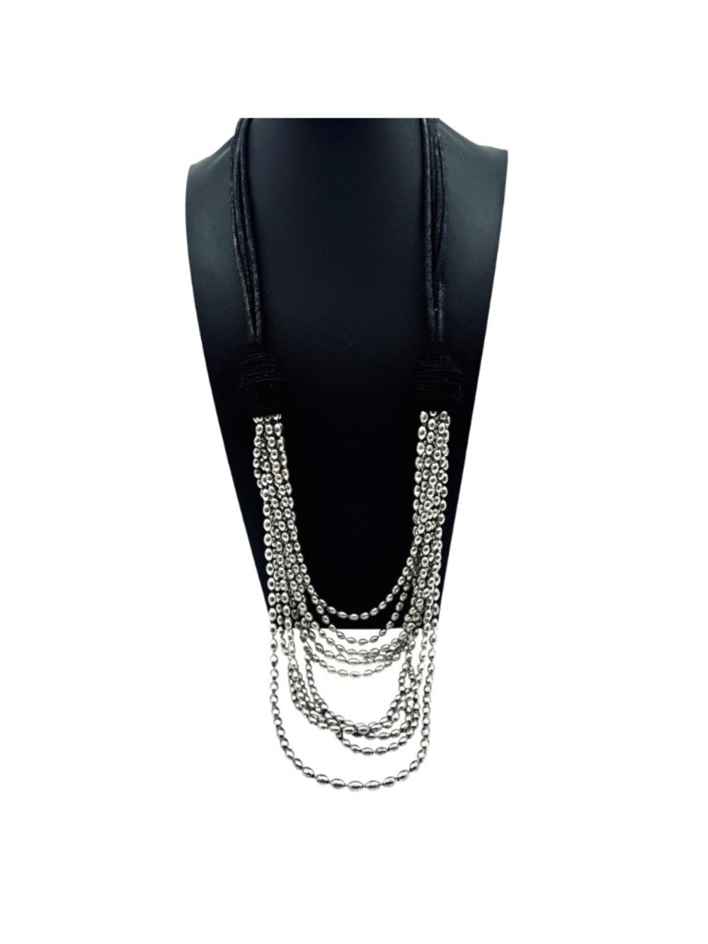Vintage Multi-Strand Metal Bead Necklace Statement Black and Silver Leather 36" - Picture 2 of 9